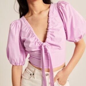 Abercrombie & Fitch Tie Front Puff Sleeves Cropped Top Shirt Pink Size Large NWT